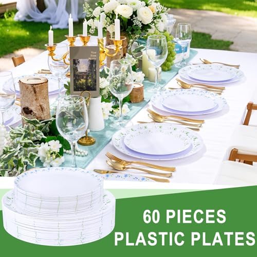 YOUBET 60PCS Blue and Green Floral Plastic Plates for Tea Party Wedding - Image 6