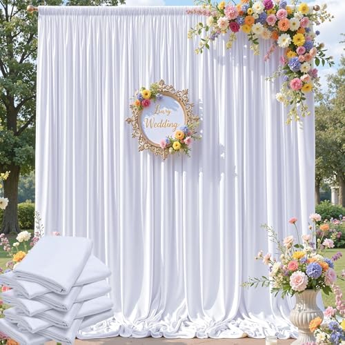 40ft×12ft Wrinkle Free White Backdrop Curtain for Wedding Parties, 8 Panels 5×12ft Long Silky Polyester Fabric Backdrop Drapes Photo Back Drop Drapery for Birthday Baby Shower Photography Background by ENJOYYOURPARTY
