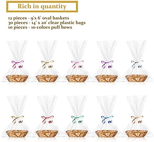 Jetec 12 Pack Empty Gift Baskets to Fill, Oval Baskets for Gifts Empty Food Storage Bin with 10 Rolls Colorful Ribbon and 30 Clear Bags for Wedding Birthday Christmas, 9 x 6 x 2.25 Inch - Image 5