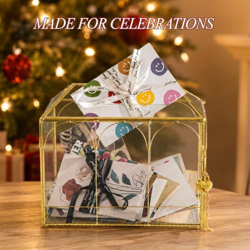 Glass Cards Box with Slot & Lock - 10.2" x 5.9" x 8" Vintage Geometric, Wedding Receptions, Home Reception, Tabletop Decor, Christmas Party, Gold - Slot Length 6.1 Inches - Image 3