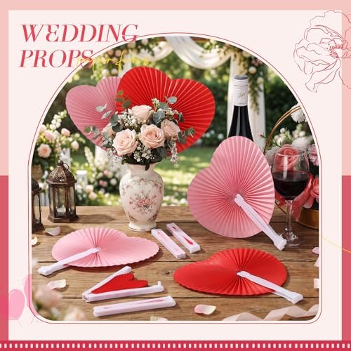 Blulu 60 Pack Wedding Heart Folding Hand Fans Decor Bulk, Red Pink - Image 3