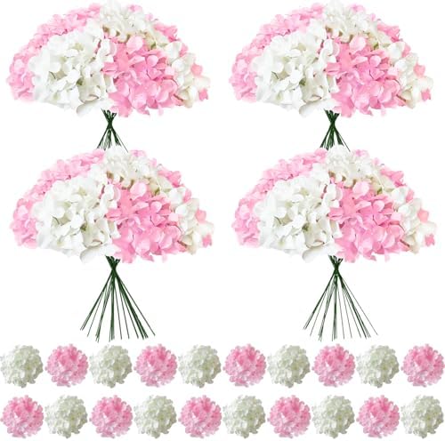 100 Pcs Faux White Pink Hydrangea Artificial Flowers Bulk, Fake Silk Hydrangea Flowers Heads with Stems for Wedding Decorations Garden Party Baby Shower Porch Home Decor Table Centerpieces by Cherica