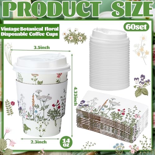 Vesici 60pcs 14oz Wildflower Botanical Coffee Cups with Lids and Sleeves Cute Toilet Floral Herb Disposable Coffee Cups Cocoa to Go Paper Cup for Summer Birthday Wedding Bridal Shower Party Supplies - Image 2