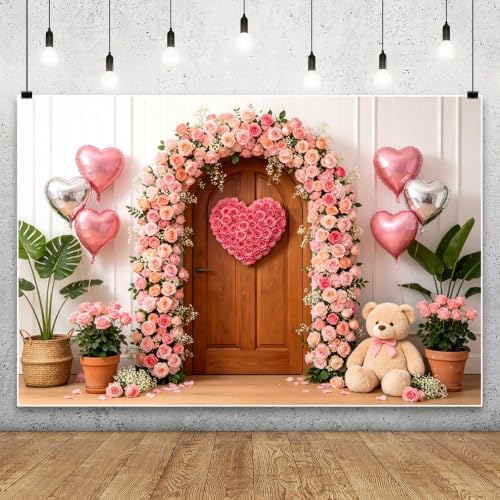 10x7ft Valentines Day Photography Backdrop Pink Floral Arch Door Heart Balloon Bear Background for Wedding Bridal Shower Valentines Day Birthday Party Baby Shower Portrait Photoshoot Decor - Image 3