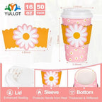50 Pack 16oz Pink Daisy Disposable Coffee Cups with Lids & Sleeves – Premium Paper for Mother's Day,Baby Shower, Birthday,Wedding, bridal showers, Brunch, Cafés,Party Supplies - Image 2