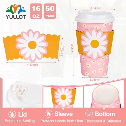 50 Pack 16oz Pink Daisy Disposable Coffee Cups with Lids & Sleeves – Premium Paper for Mother's Day,Baby Shower, Birthday,Wedding, bridal showers, Brunch, Cafés,Party Supplies - Image 2