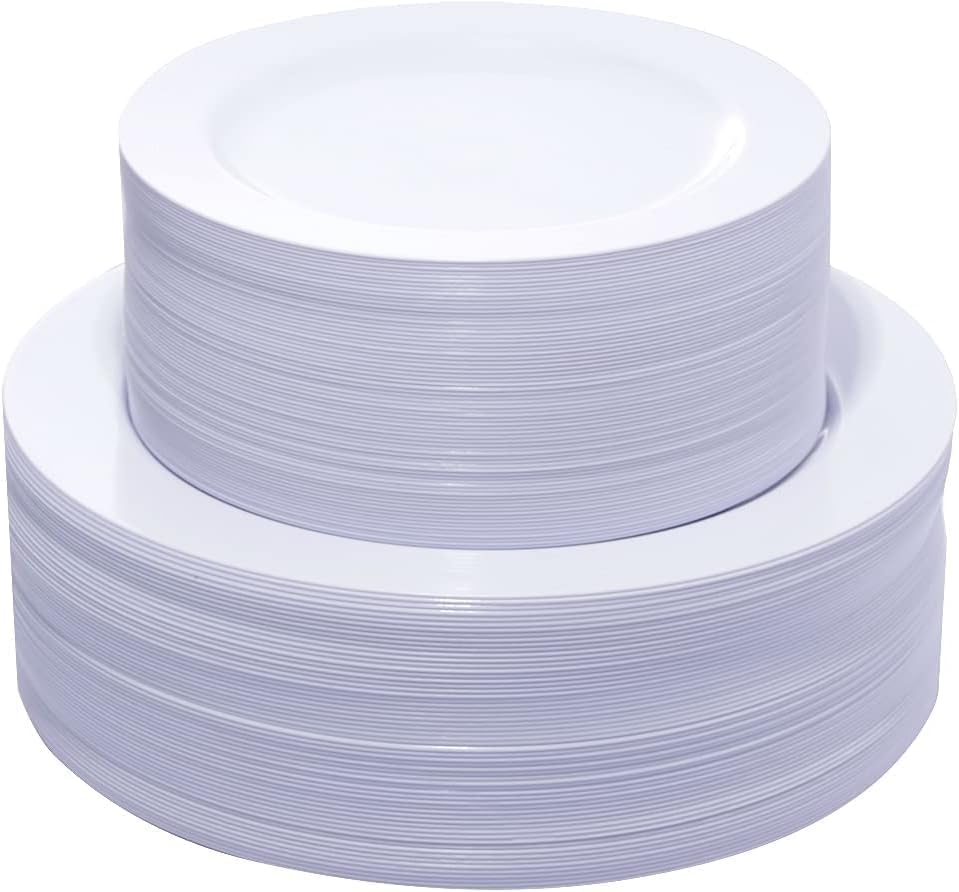 KIRE 120PCS White Plastic Plates - Heavy Duty White Disposable Plates for Party/Wedding - Include 60Pieces 10.25inch Dinner Plates - 60Pieces 7.5inch Dessert/Salad Plates by KIRE