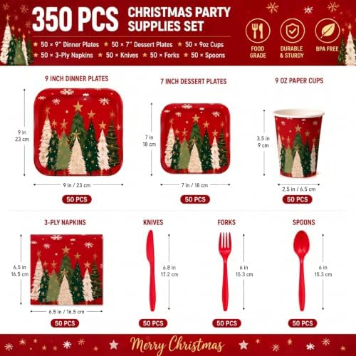 350 Pcs Star Christmas Tree Red, Green Paper Plates and Napkins Set - Image 2