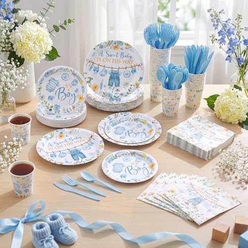 400 Pcs Blue Wildflower Boy Baby Shower Party Decoration for 50, a Sweet Baby Is on His Way Floral Paper Plates Napkins and Cups Cutlery Tableware Set for Boy Shower Party Supplies - Image 6