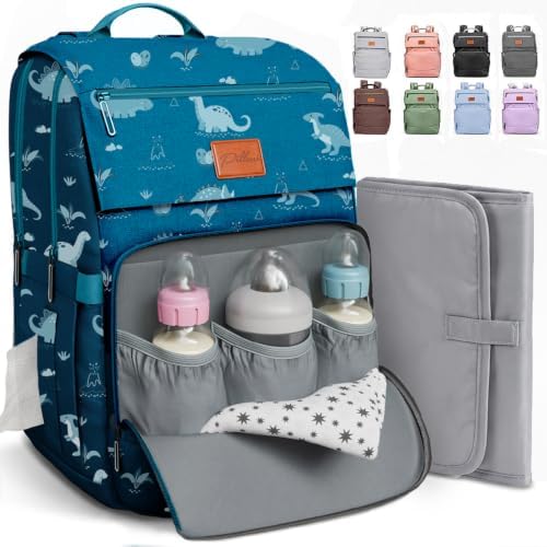 PILLANI Baby Diaper Bag Backpack - Large Waterproof Travel Diaper Bag for Boys & Girls, 16 Organizer Pockets with Changing Pad, Insulated Bottle Pockets & Stroller Straps, Baby Shower Gifts, Dinosaur by Pillani