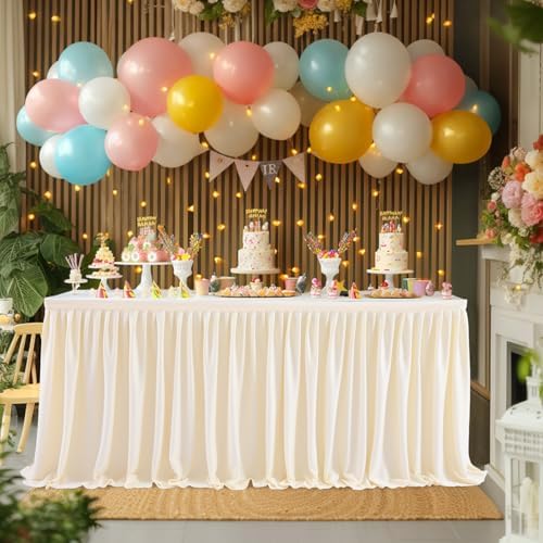 17ft Ivory Table Skirt for Rectangle Tables Polyester Pleated Table Skirt Desk Skirts Ruffle Tablecloth Skirt for Wedding Birthday Party Baby Shower Bridal Shower Banquet Table Decoration - Image 2