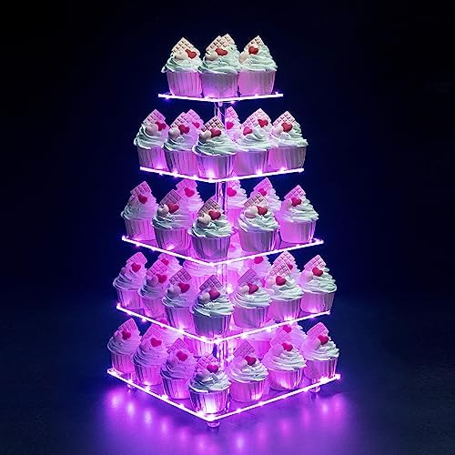 Cupcake Stand, 5-Tier Square Cupcake Holder with LED Light String, Acrylic Cupcake Tower Display-Dessert Tower-Pastry Stand-Cupcake Tier Stand for Wedding, Birthday Party (Pink Light) by OLACHIKKO
