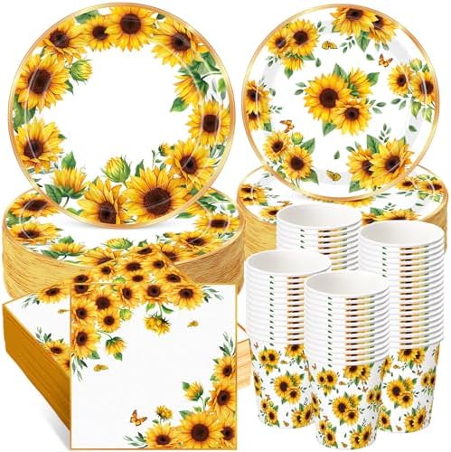 Sunflower Party Decorations, Paper Plates Napkins Cups Serve 50, Yellow by Ziliny
