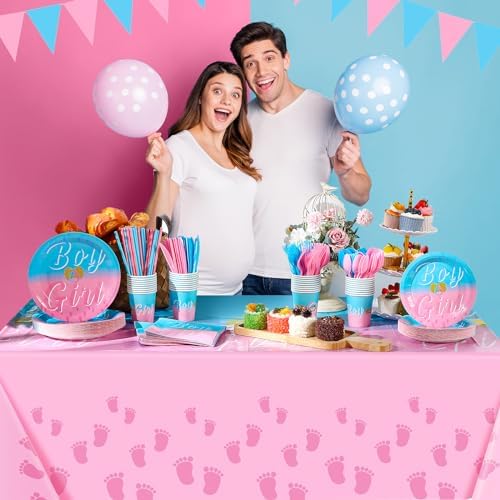 Hushee 291 Pcs Gender Reveal Party Supplies Boy or Girl Disposable Tableware Set for 36, Flatware Paper Plates Napkin Cups Straws Pink Blue Pennant Banner Plastic Tablecloth for Baby Shower Decoration - Image 6