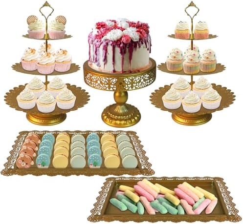 YestBuy Gold Cake Stand Set, 5 Pcs Metal Round Cupcak Stand Cookies Dessert Display Plate Serving Tower Tray Platter with Handle for Baby Shower Wedding Birthday Party Celebration (Gold, 5 Size) by YestBuy