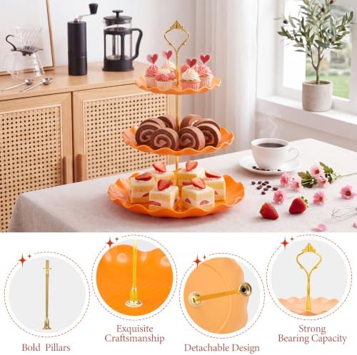 FoldTier 6 Pack Cupcake Stand Set 3 Pcs 3 Tier Gradient Dessert Table Display Stands Cookie Tray Rack 3 X14 in Rectangle Party Trays for Wedding Birthday Tea Party Baby Shower(Orange,Round) - Image 3