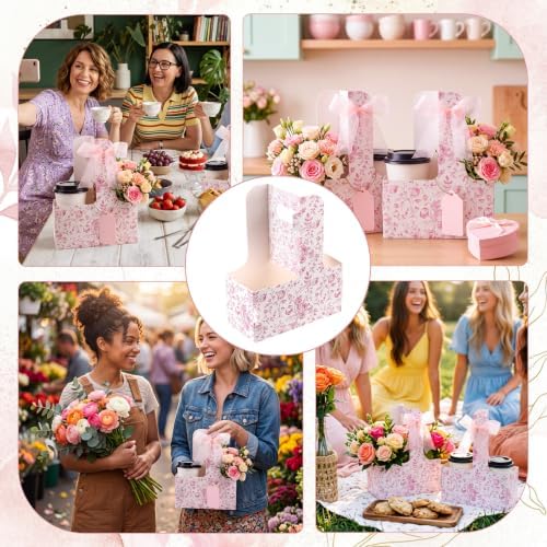 Epakh 48 Pack Pink Floral 2 Cup Drink Carrier with Handle, Gift Holder - Image 7