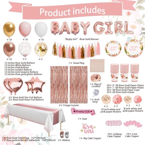 Guudmua 301Pcs Baby Shower Decorations For Girl, Girl Baby Shower Decorations Kits - Disposable Dinnerware Set With Pink Rose Gold Floral (50 Guest), "BABY girl" Banner, Balloon, Sash, Cake Topper - Image 2