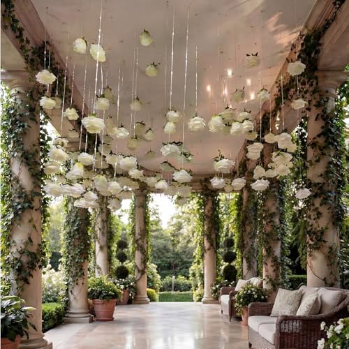 Suncalla 42 Pcs Artificial Rose Peony Flower Garlands Hanging Decor Backdrop Each 39.4inch Silk Floral Garland Peony Floral Celling for Wedding Party Background Birthday Baby Shower Home Garden(White) - Image 4