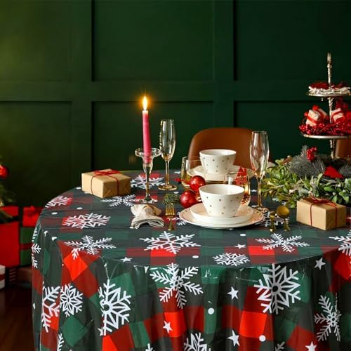 Ganeen 12 Pcs Christmas Snowflake Round Tablecloth 84" Red White Plastic - Image 5