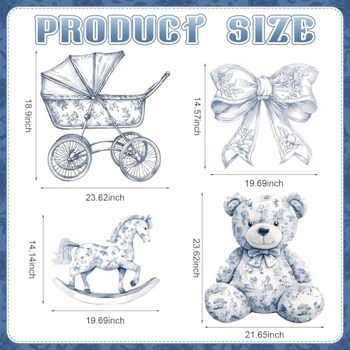 4 Pcs Blue Toile De Jouy Cardboard Cutout Standup Life Size Baby Shower Decorations, Vintage Floral Cardboard Cutouts for Gender Reveal Birthday Party Photo Backdrop Favors - Image 3