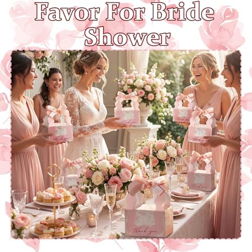 ForraFun 100 Sets Floral Wedding Favor Boxes with Pearl Pendant Bow, Pink - Image 5