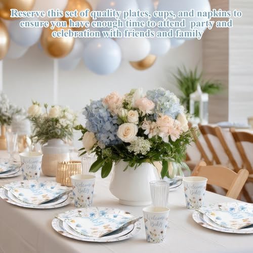 Pickmesh 250 Pcs Blue Floral Baby Shower Party Supplies Decorations Serve 50 Wildflower Welcome Baby Disposable Paper Plates Napkins and Cups for Birthday Babies Boy Shower Gender Reveal Party Decor - Image 4