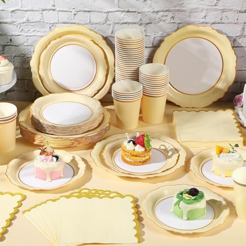 Tioncy 200 Pcs Party Paper Plates Cups Napkin Set Serve 50, Yellow - Image 3