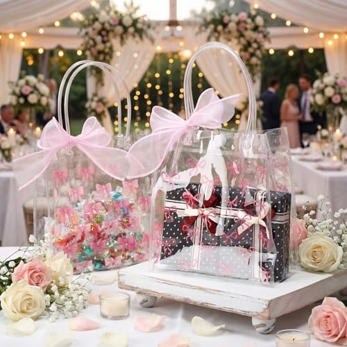 Kolldenn 48 Pcs Pink Bow Clear PVC Gift Bags with Handle Ribbon Reusable Pink Coquette Bowknot Goodies Treats Totes Bulk for Birthday Wedding Baby Shower Party Supplies, 5.9 x 6.3 x 2.8 Inch - Image 3