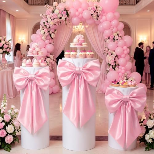 SmoothNovelty 3 Pcs Pink Bow Cylinder Pedestal Stand Covers Spandex Flexible Display Pedestal Covers Round Plinth Pillar Wrap for Birthday Party Wedding Baby Shower Decor by SmoothNovelty