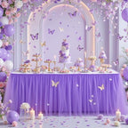 PARTISKY 12FT Length Purple Tulle Table Skirt for Rectangle Round Tables 2-Layer Ruffle Tulle Tutu Cloth Desk Table Skirt for Baby Shower Girl Birthday Party Wedding Cake Dessert Decorations by Partisky