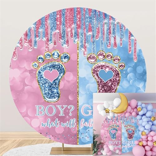 Polyester Diameter 7ft Boy Or Girl Gender Reveal Round Backdrop Cover Crystal Little Feet Blue Pink Photography Backdrop What Will Baby Be Mom Pregnancy Surprise Party Decoration Props by Kzzfqxb