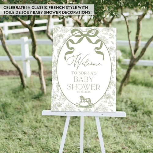 Andaz Press Personalized Sage Green Toile de Jouy Baby Shower Decorations, Toile De Jouy Baby Shower Welcome Sign, Tea Party Decor, Elegant French Vintage Lace Chinoiserie Party Supplies, 16x20 Inches - Image 6