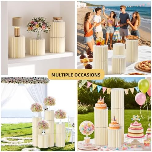 Urban Deco Cylinder Stands for Party, 2PCS 40cm Round Cake Pedestal Stands for Parties, Foldable Cardboard Columns with Acrylic Disc, Cilindros para Fiestas for Birthday Wedding Decoration, White - Image 6