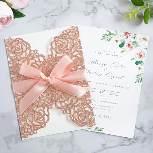 ponatia 25PCS 5.12 x 7.1'' Rose Gold Glitter Wedding Invitations Cards Laser Cut Hollow Rose With Envelopes, Printable Paper with Ribbons for Wedding Bridal Shower Engagement Sweet 16 Birthday - Image 3