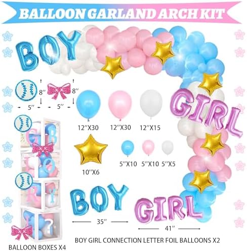 Hombae Baseball or Bows Gender Reveal Decorations, 171 PCs Boy or Girl Gender Reveal Decorations Backdrop Balloon Garland Banner Tablecloth Cake Cupcake Topper Box Cutout Poster Sash Pink Blue - Image 5