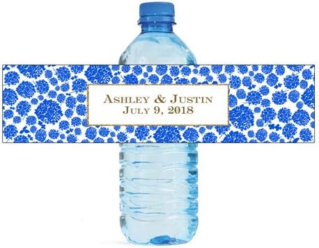100 Blue & Gold Foil Frame Wedding Anniversary Engagement Party Water Bottle Labels Bridal Shower Birthday by DesignThatSign