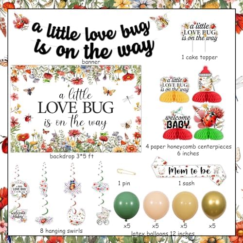 Love Bug Baby Shower Party Decorations - A Little Love Bug is On The Way Banner Backdrop Wildflower Insect Themed Honeycomb Centerpieces Hanging Swirls, for Ladybug Butterfly Gender Reveal Supplies - Image 6