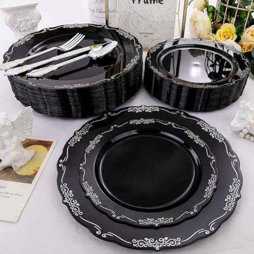 DaYammi 150 Pcs Black Silver Plastic Plates & Silver Plastic Silverware,Black silver Disposable plates for Include 30 Dinner Plate,30 Dessert Plate,30 Knives,30 Forks,30 Spoons for Party Wedding - Image 4
