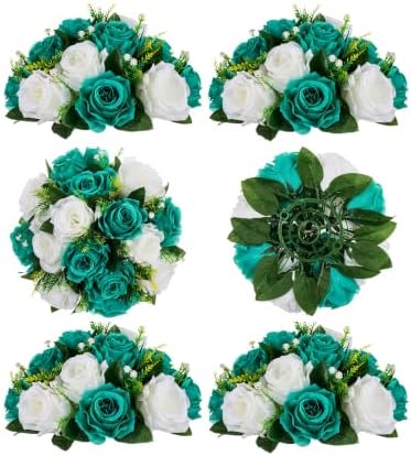 BLOSMON Teal Flowers Artificial Centerpieces: 6 Pcs Fake Roses Flowers Balls for Wedding Dinning Table - Faux Silk Kissing Floral Arrangement for Home Party Event Decor by Blosmon