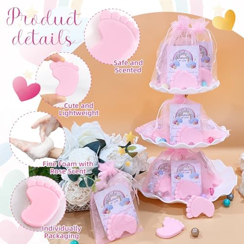 100 Sets Baby Shower Favors Refreshing Foot Soap Perfect Baby Shower Favors for Guests, Gifts, and Prizes with Organza Bags Thanks Cards (Pink) - Image 3