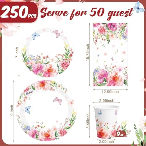 Funnymoom 250 Pcs Floral Wildflower Paper Plates Cups and Napkins Serves 50 - Image 3
