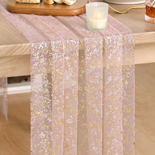 Artoid Mode 6PC Gold Gauze Pink Table Runner 120 Inch 10FT, Glitter Metallic Foil Sheer Dining Wedding Anniversary Holiday Birthday Table Decor for Home Party by ArtoidMode