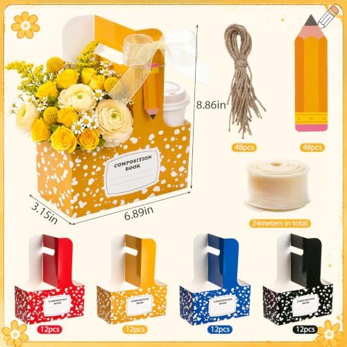 Epakh 48 Pack 2 Cup Disposable Drink Carrier with Handle Paper Coffee Holder Portable Cup Carriers with Gift Tag, Ribbon for Teacher's Day, Wedding, Baby Shower, Party (Notebook) - Image 3
