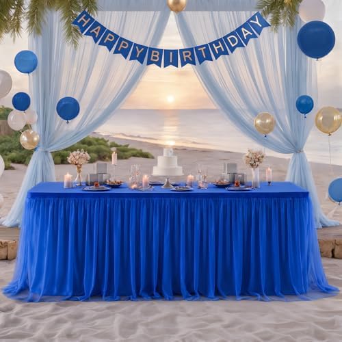 Suppromo 6 Pack 8ft Royal Blue Tulle Tablecloths for Rectangle Tables 8 Foot Rectangular Table Cloth Wrinkle Free Tablecover with Tutu Skirt for Baby Shower Wedding Birthday Party Banquet Buffet Cake - Image 3