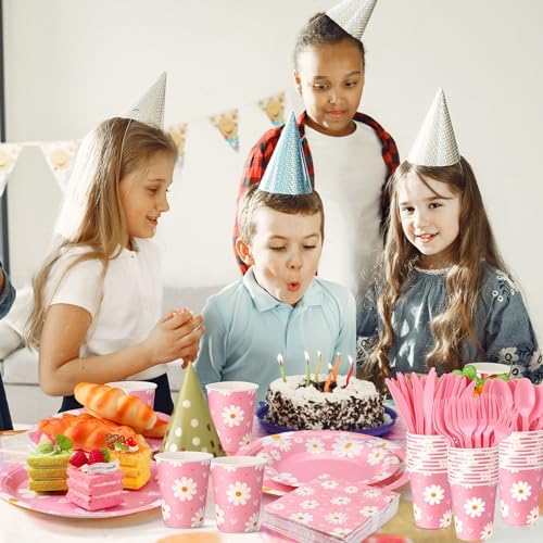Ziliny 350 Pcs Daisy Party Supplies Tableware Set Disposable 9'' 7'' Paper Plates 9 oz Cups Cutlery Napkins Dinnerware Set for 1st Birthday, Serve 50 (Daisy Birthday, White, Pink) - Image 6