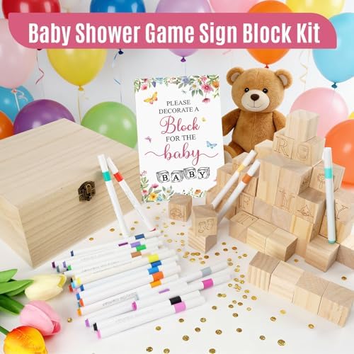150 Pcs Wildflower Baby Shower Games Sign Kit, Including a Decorate Flower Game Sign 102 DIY Wooden Blocks 36 Acrylic Markers 10 Stencils 1 Storage Box, for Baby Shower Party Gender Reveal - Image 4