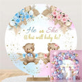Polyester Diameter 5.5ft Round Gender Reveal Backdrop Boho Bear Pampas Grass Floral Background for Photography He Or She What Will Baby Be Mommy Pregnancy Party Photo Booth Props by Kzzfqxb