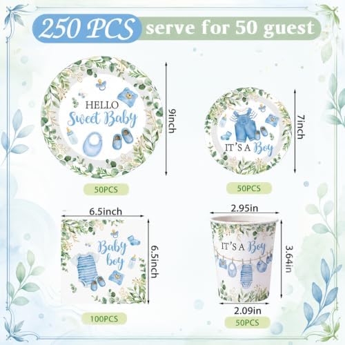Pickmesh 250 Pcs Blue Boy Baby Shower Disposable Tableware Set Hello Sweet Boy Paper Plates Napkin Cup Cutlery with Sage Decoration for Gender Reveal Birthday Party Supply Baby Shower, Serve 50 Guest - Image 2