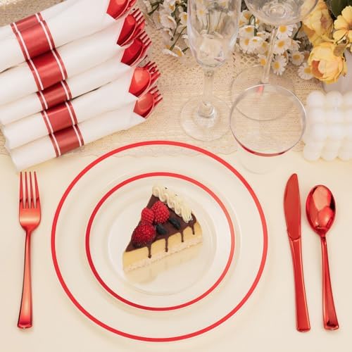 BESTSTAR 350PCS Clear and Red Disposable Plates Set for 50 Guests for Party - Image 6